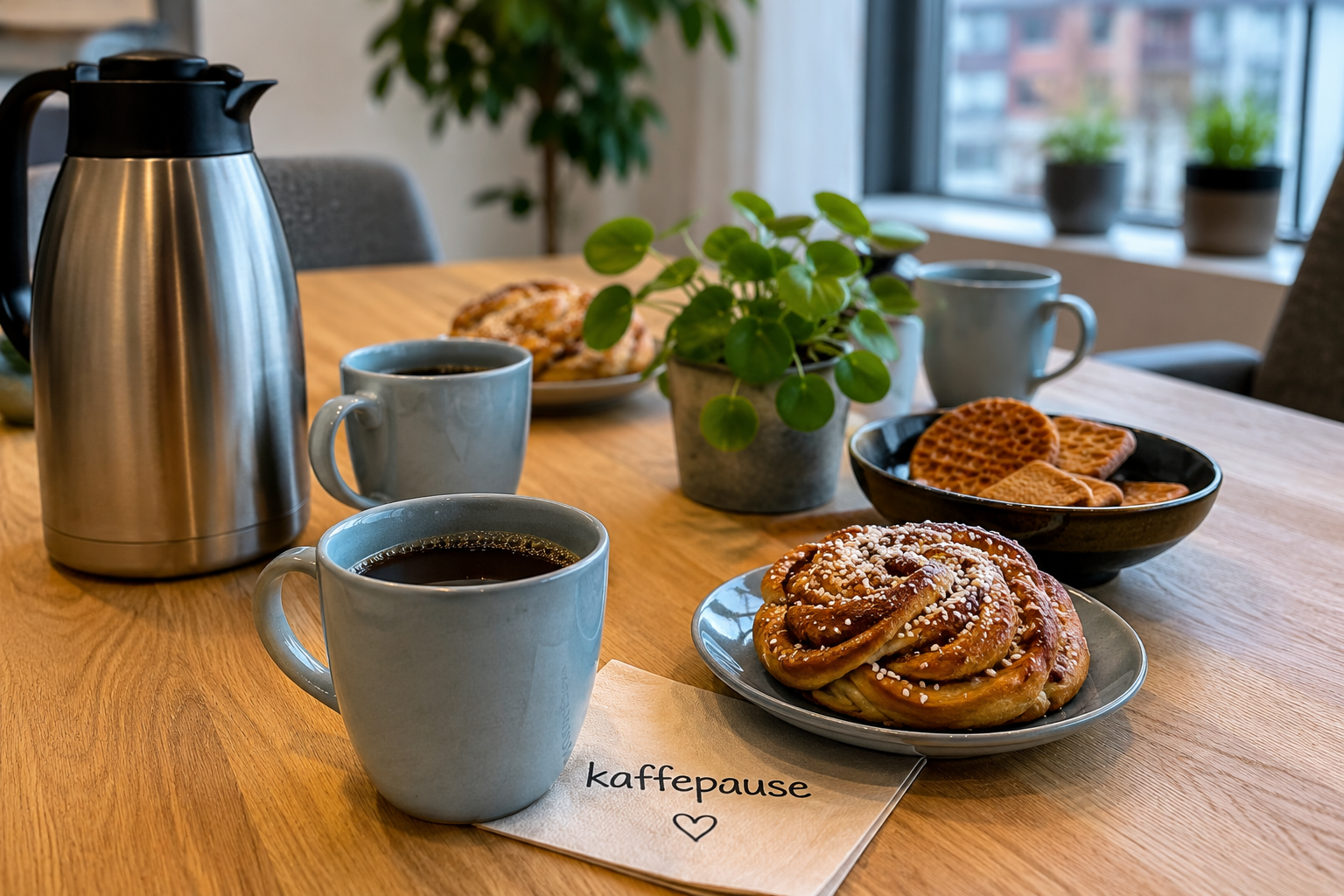 Kaffepause – kawa filtrowana i cynamonowe bułki na drewnianym stole